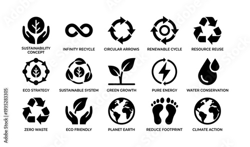 Sustainability icons: eco-friendly concepts and renewable symbols