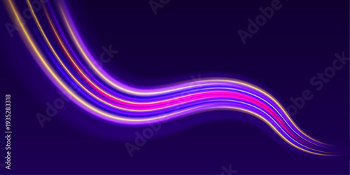 Swirling neon light ribbons curve along urban roads. Luminous streaks convey dynamic motion and futuristic speed. Perfect for cyberpunk digital art.