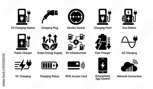 Ev charging icons: stations, plugs, eco stations, fast chargers, app control
