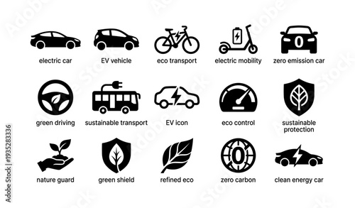 Eco-friendly transportation icons: electric, green, sustainable vehicles and symbols