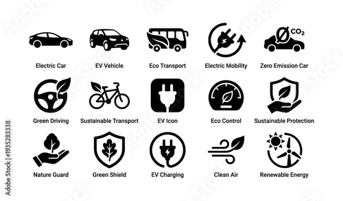 Eco-friendly transportation and renewable energy icons for sustainable mobility solutions