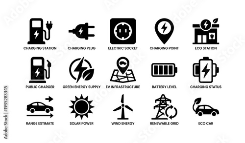 Electric vehicle symbols: charging, power, green energy, eco transport icons