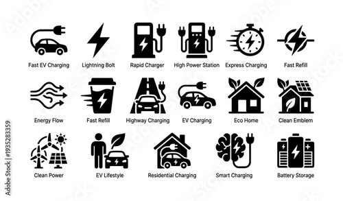 Electric vehicle charging icons and symbols for fast charging solutions