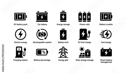 Battery and energy icons: ev, power cells, charging, renewable storage