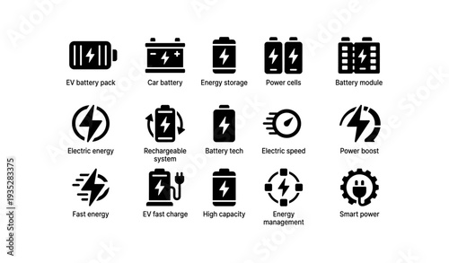 Battery technology icons for energy efficiency and management