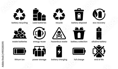 Battery recycling process icons: disposal, charging, reuse, eco-friendly practices