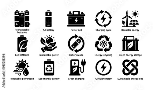 Eco-friendly energy icons: batteries, power cells, renewable energy, sustainability symbols, recycle signs