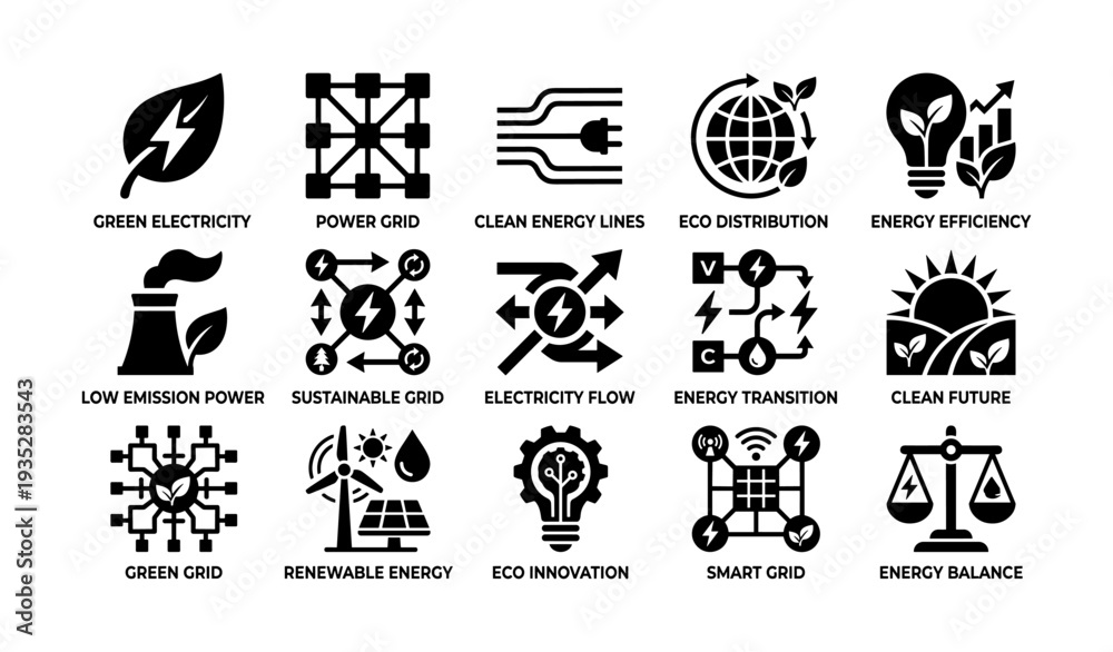 Fototapeta premium Icons of renewable energy and sustainable power technologies