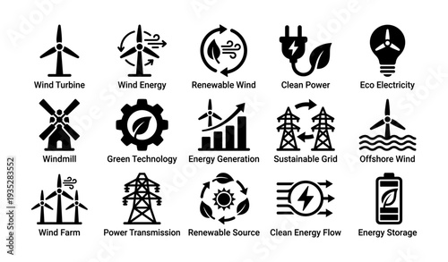 Icons of wind energy and renewable power sources for sustainable technology