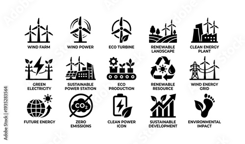 Wallpaper Mural Renewable energy icons: wind turbines, solar panels, and eco-friendly symbols Torontodigital.ca