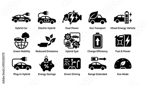 Hybrid and electric vehicle icons: energy, efficiency, and eco transport