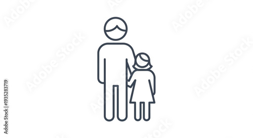 A minimalist line drawing of a smiling adult and child standing together in a simple iconic pose conveying happiness and companionship