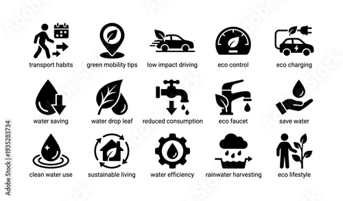 Eco lifestyle and sustainability icons for water and energy conservation