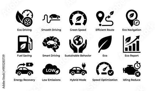 Eco-friendly driving icons: green transportation and sustainability symbols