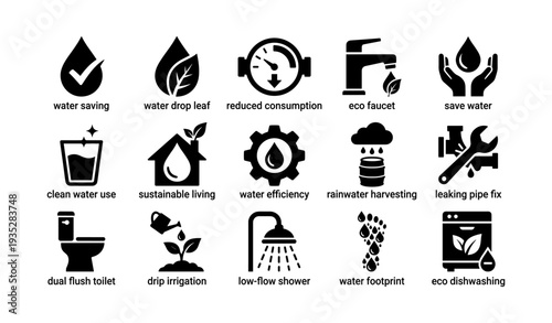Eco-friendly icons: water saving, drip irrigation, rainwater harvesting, eco faucets, sustainable living