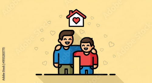 Loving male couple standing together under heart house symbol on yellow background