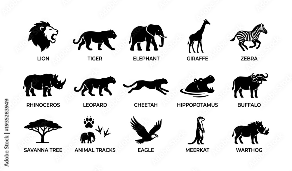 Obraz premium Silhouette icons of african wildlife animals including lion, tiger, and elephant