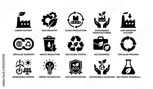 Eco-friendly industry icons: sustainability, recycling, renewable energy, clean production, low emission