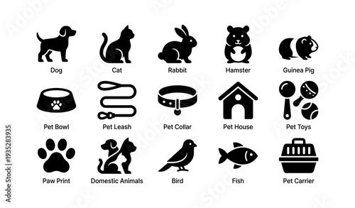 Silhouette icons of various pet animals and accessories