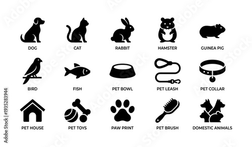 Pet icons featuring dog, cat, rabbit, hamster, and accessories