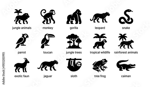 Jungle wildlife icons: gorilla, monkey, sloth, parrot, snake, more