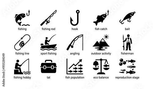 Fishing icons: rods, hooks, fish, and outdoor activities