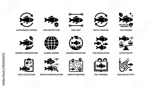 Sustainable fishing practices and marine conservation icons set