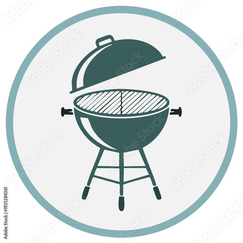 Barbecue grill illustration icon in teal with opened lid, grill grate, rounded frame for picnic, cookout, summer BBQ, parties.