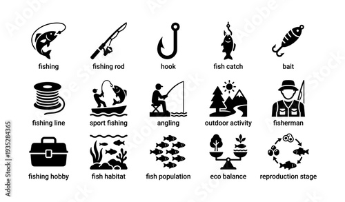 Fishing icons: rod, hook, fish, bait, and outdoor activities
