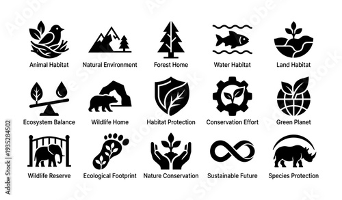 Environmental conservation icons showcasing wildlife and nature protection