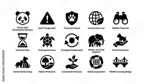 Conservation icons: panda endangered, wildlife protection, habitat, ecology, global cooperation