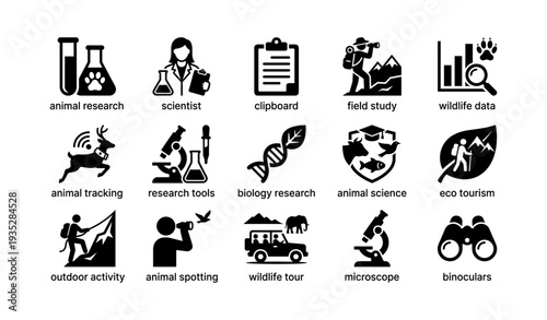 Wildlife research and exploration icons: tools for animal study and eco tourism