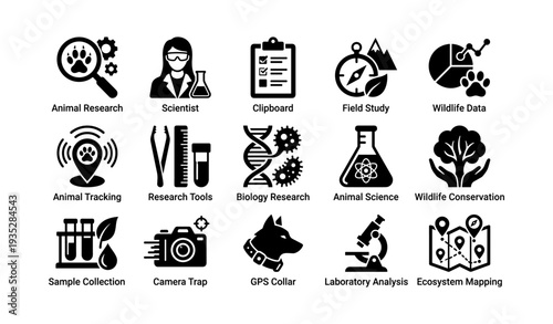 Icons representing animal research and wildlife conservation tools and methods