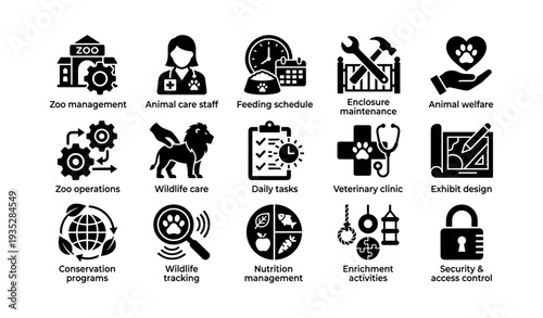Zoo management icons: animal care, enclosure design, conservation programs, veterinary clinic