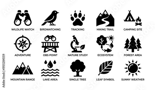 Icon set for outdoor activities: wildlife, hiking, camping, and nature exploration