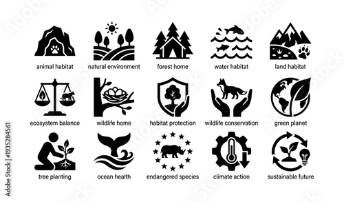 Environmental conservation and habitat protection icons set