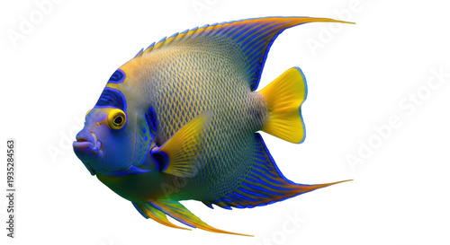 Isolated tropical fish, yellow and blue angel fish against a clean backdrop, aquarium pet