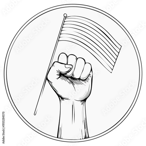 Raised fist grasping striped flag icon representing protest solidarity and human rights