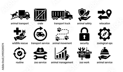 Animal transport and safety icons set featuring trucks, rescue, and management symbols
