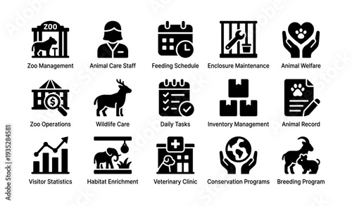 Icons representing zoo management and animal care activities