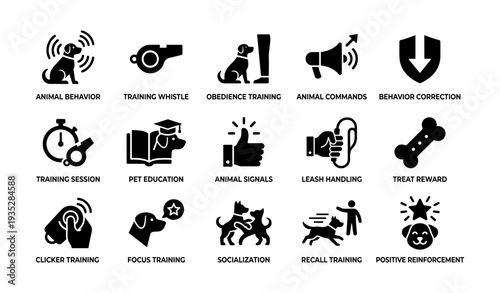 Dog training icons: obedience, commands, behavior correction, leash handling techniques