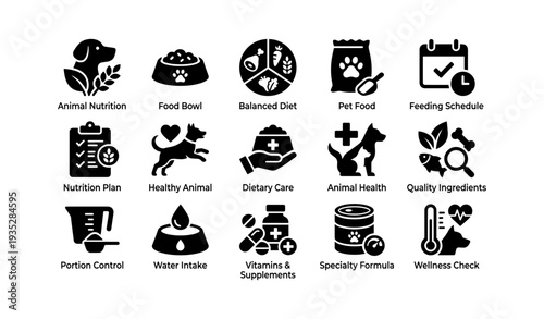 Pet nutrition icons: animal health, balanced diet, feeding schedule, vitamins, supplements, wellness