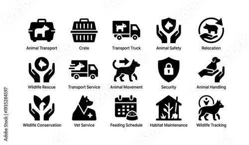 Animal transport and safety icons black silhouettes for wildlife and pets