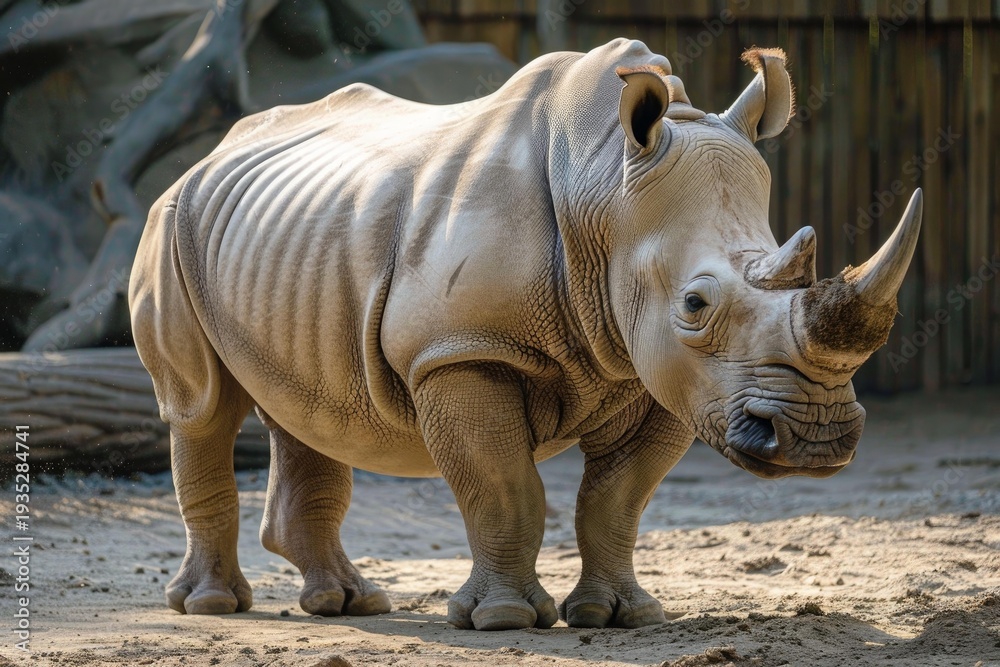 Fototapeta premium Large white rhinoceros standing in its enclosure, showcasing its impressive horn and thick skin