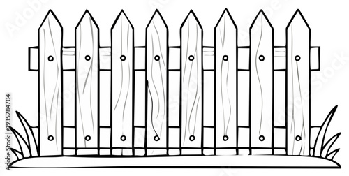 Cartoon wooden fence with grass elements, line art illustration