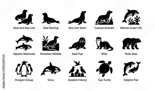 Marine wildlife icons: seals, sea lions, dolphins, penguins, and more