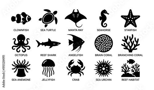 Marine life icons: clownfish, seahorse, starfish, and more