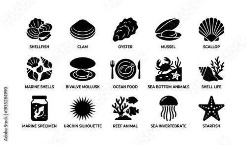 Silhouettes of shellfish, marine life, and ocean food icons