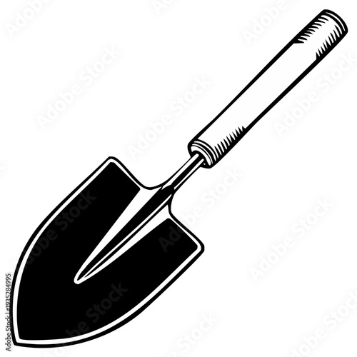 Handheld Gardening Trowel with Wooden Handle, Black and White Illustration