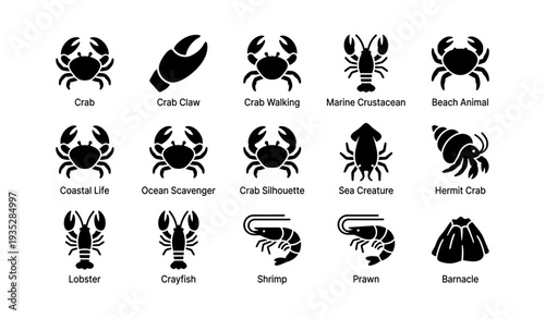 Silhouette icons of marine life: crab, lobster, shrimp, and more